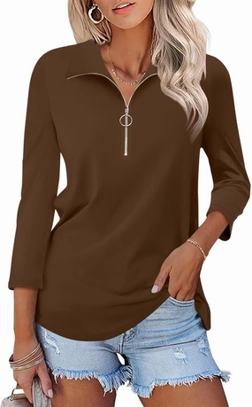 Minetom Women's V Neck 3/4 Sleeve Tops Quarter Zip Collared Shirts Polo Shirts Summer Tees