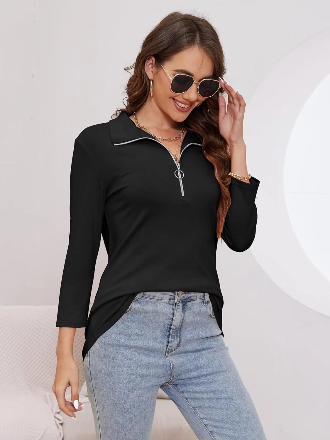 Minetom Women's V Neck 3/4 Sleeve Tops Quarter Zip Collared Shirts Polo Shirts Summer Tees