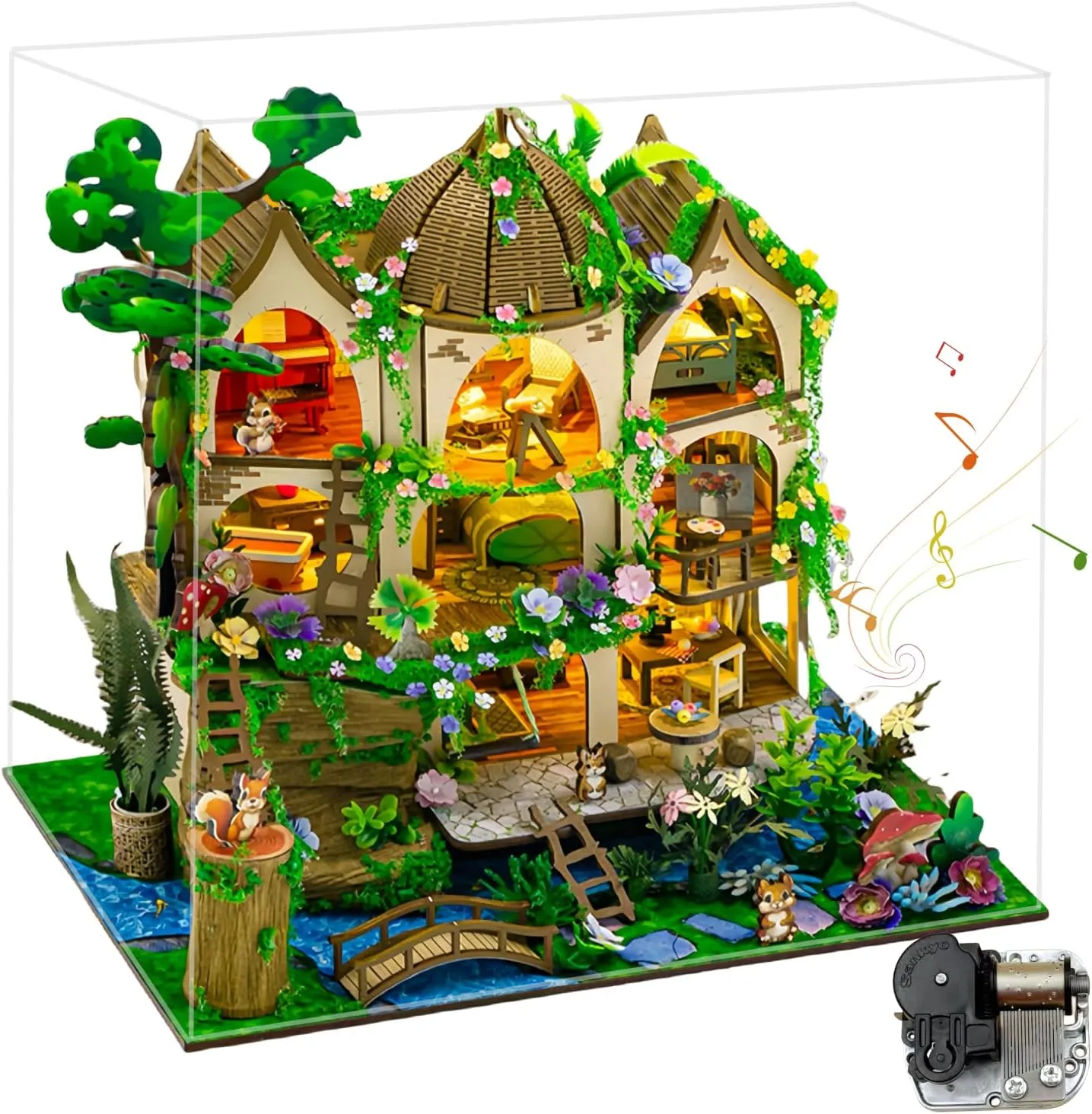 Mini Jungle Cottage DIY Dollhouse Kit – Woodland Style with Bedroom, Kitchen, Bathroom & Piano Room (Classic Edition)