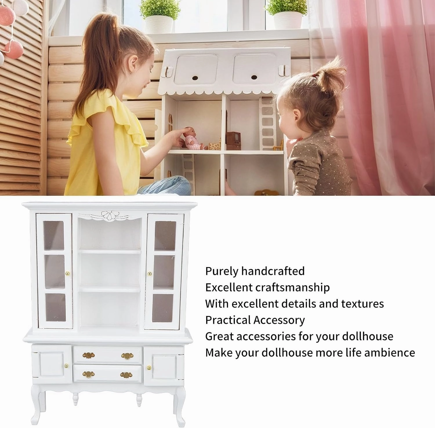 Miniature Cabinet Wooden, 1/12 Scale Dollhouse Bookcase Cupboard Dollhouse Bookshelf Cabinet with Openable Door Drawer Furniture Display Showcase Decoration Sideboard Accessories (White)