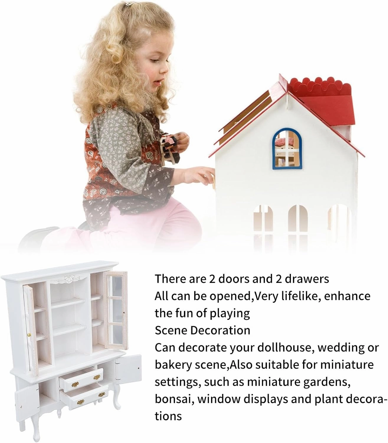 Miniature Cabinet Wooden, 1/12 Scale Dollhouse Bookcase Cupboard Dollhouse Bookshelf Cabinet with Openable Door Drawer Furniture Display Showcase Decoration Sideboard Accessories (White)