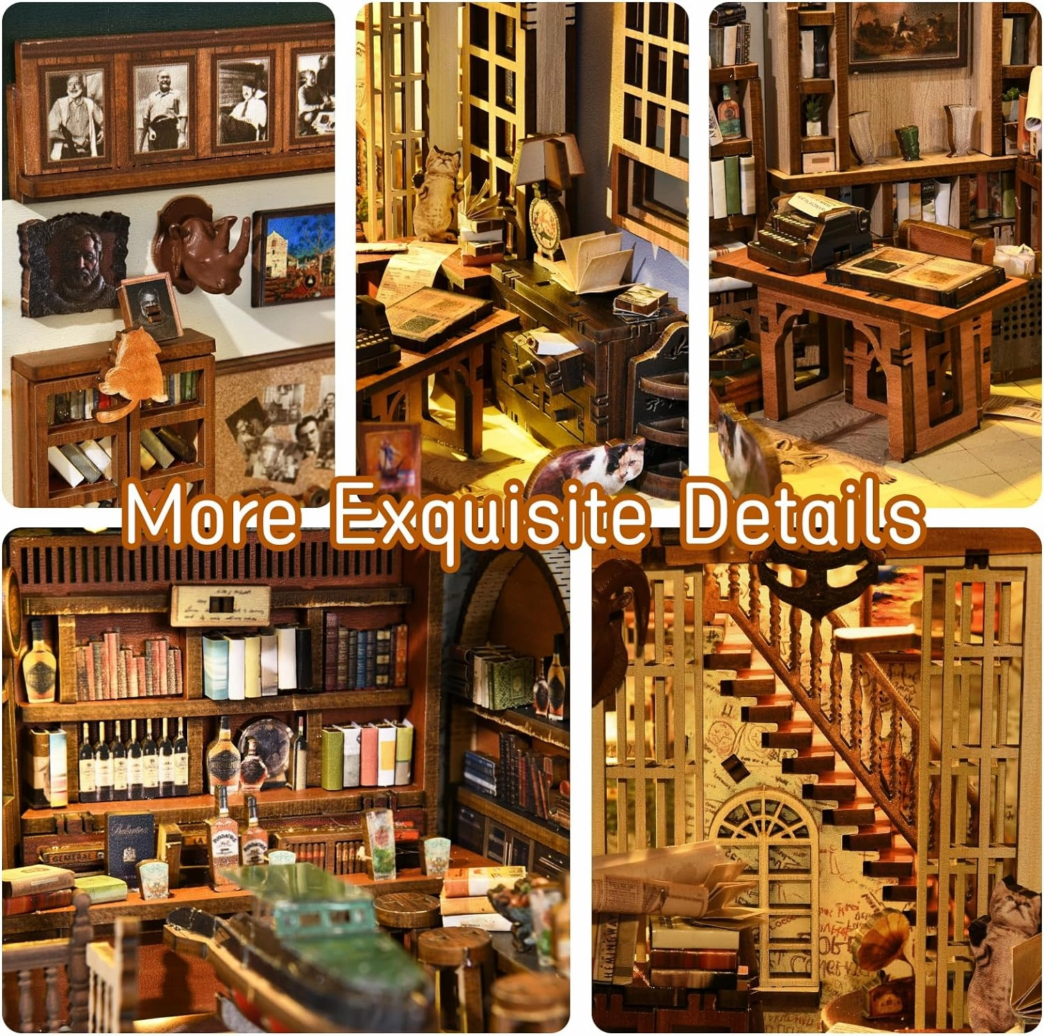 MiniCity Book Nook Kit, DIY Miniature Dollhouse Booknook Kit, 3D Wooden Puzzle Bookend Bookshelf Insert Decor with LED Light for Teens and Adults(Hemingway House)