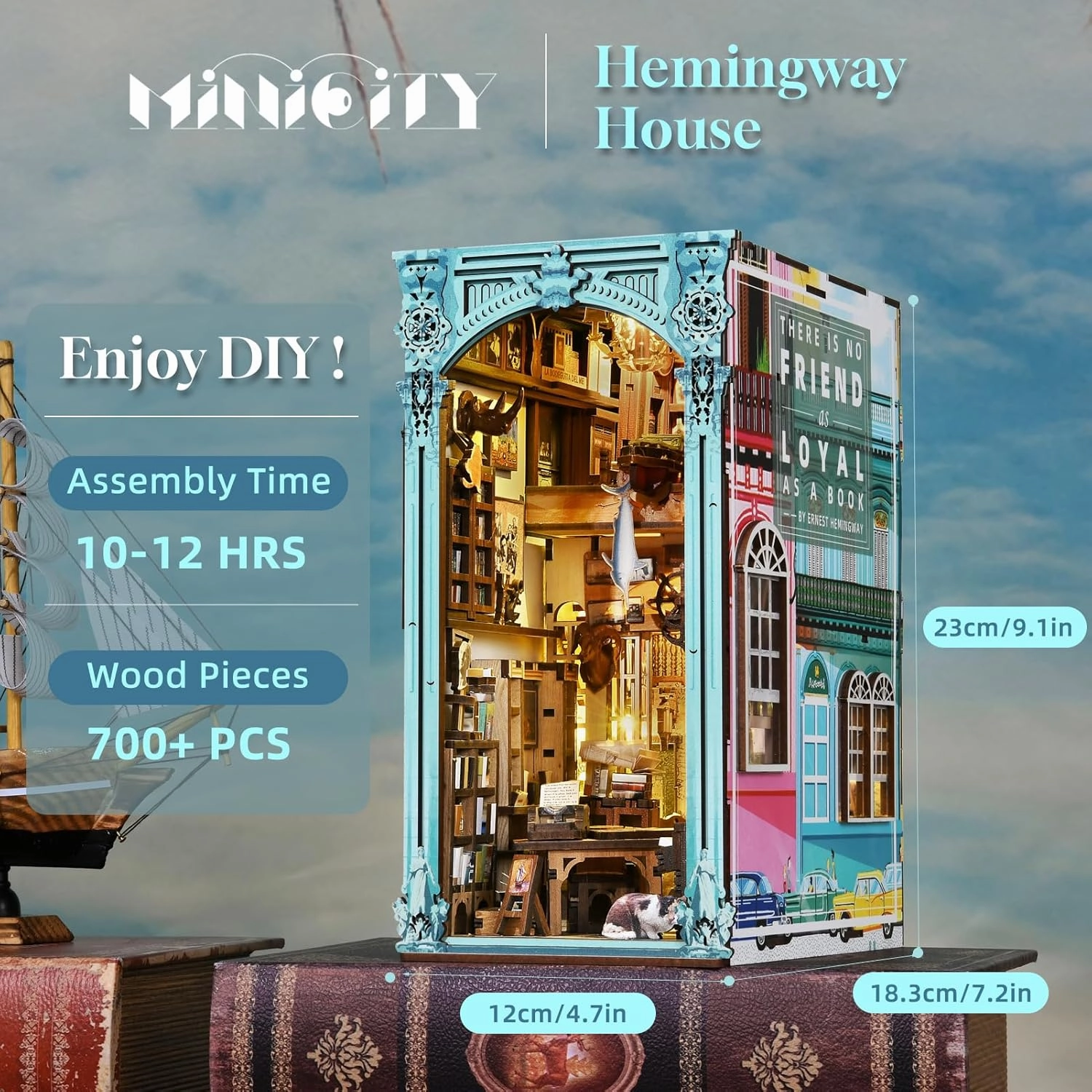 MiniCity Book Nook Kit, DIY Miniature Dollhouse Booknook Kit, 3D Wooden Puzzle Bookend Bookshelf Insert Decor with LED Light for Teens and Adults(Hemingway House)