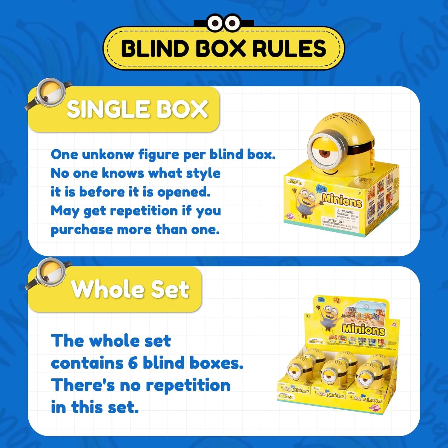 Minions Blind Box Figures Toys, Surprising Party Series, Mini Figure Scene Set for Home Decor Desk Accessories, Delicate Ornament with Stickers for Adults & Kids Age 3 , Single Box