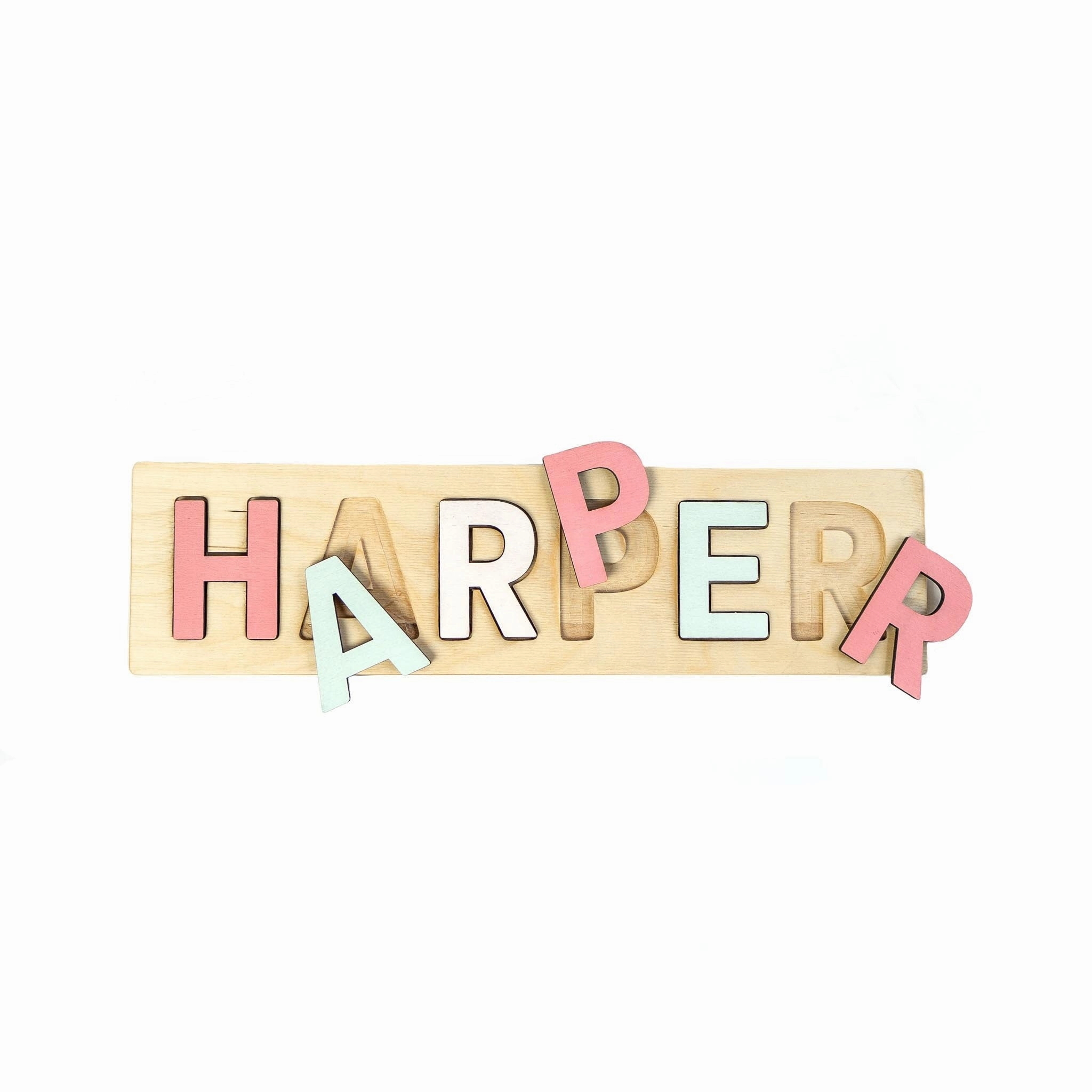 Mint and Coral Wood Name Puzzle, Girl