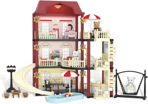 MITCIEN Dollhouse Kit Playset Little Critters Bunny Dolls for Girls with Swimming Pool and Slideside Family Toys for Toddler 3 4 5 6-Year-Old Girl