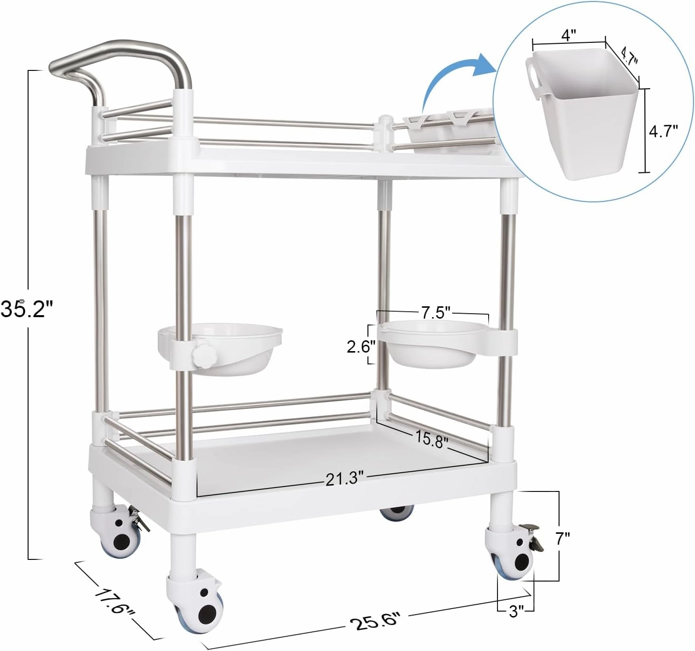 Mobile Utility Cart with Wheels Professional Medical Trolley Cart 220 Lbs Load Plastic and Stainless Steel Esthetician Storage Cart with Basins and Kegs for Beauty Salon Hospital Clinic Home