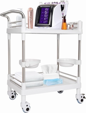 Mobile Utility Cart with Wheels Professional Medical Trolley Cart 220 Lbs Load Plastic and Stainless Steel Esthetician Storage Cart with Basins and Kegs for Beauty Salon Hospital Clinic Home