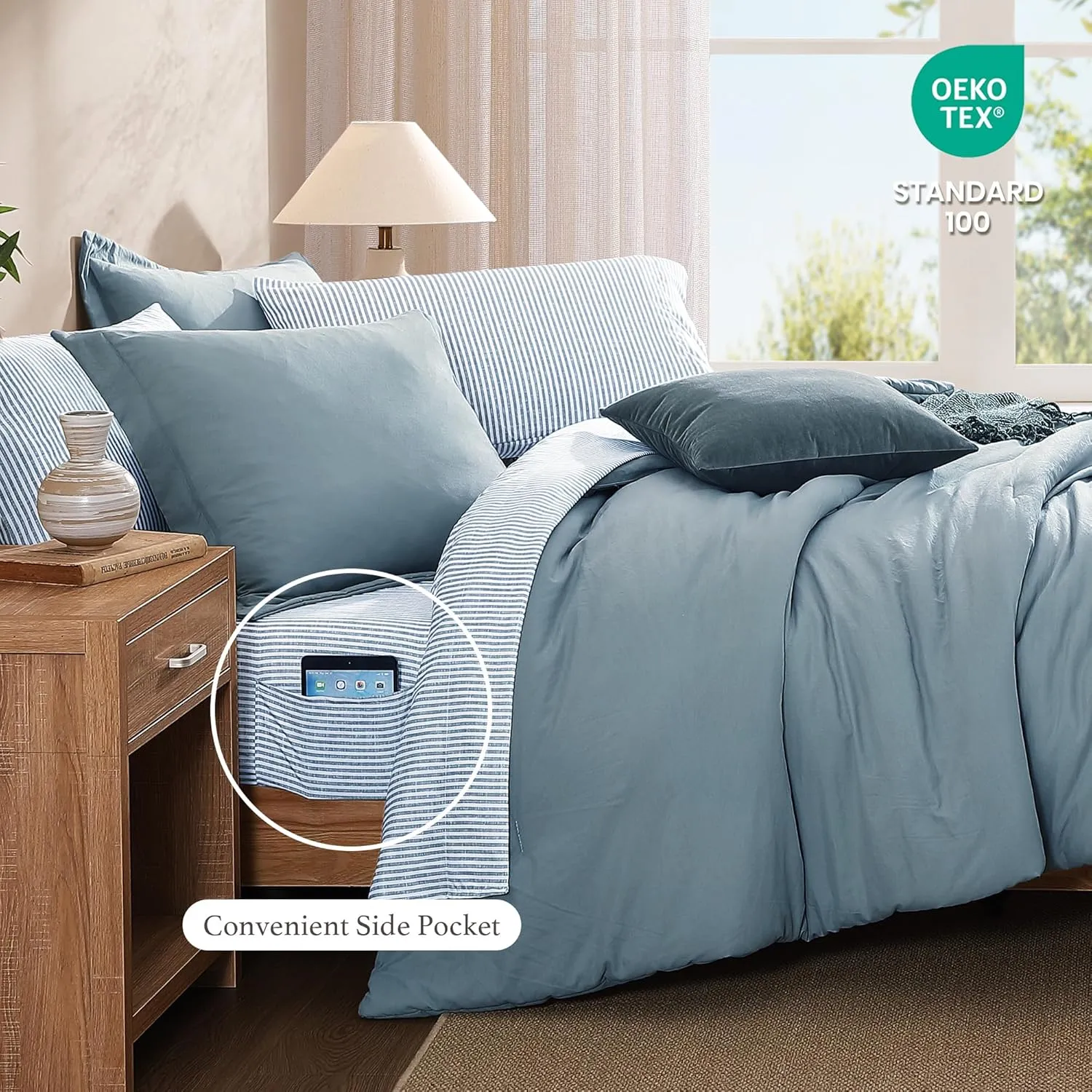 Monbix King Size Comforter Set - 7 Pieces Dusty Blue Prewashed Bed in a Bag King Bedding Sets with Comforters, All Seasons Down Alternative Comforter Bed Set with Sheets,Pillowcases & Shams
