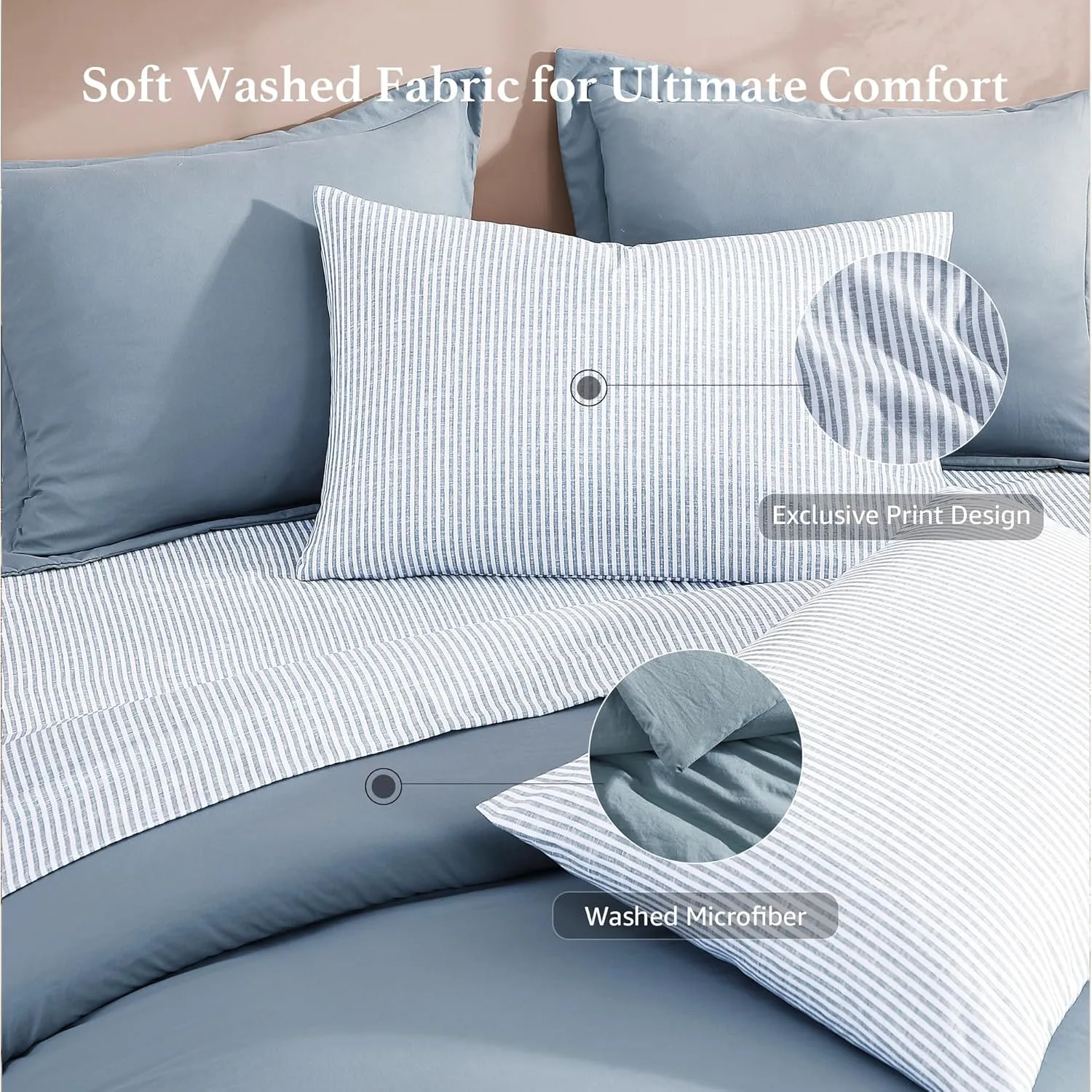 Monbix King Size Comforter Set - 7 Pieces Dusty Blue Prewashed Bed in a Bag King Bedding Sets with Comforters, All Seasons Down Alternative Comforter Bed Set with Sheets,Pillowcases & Shams