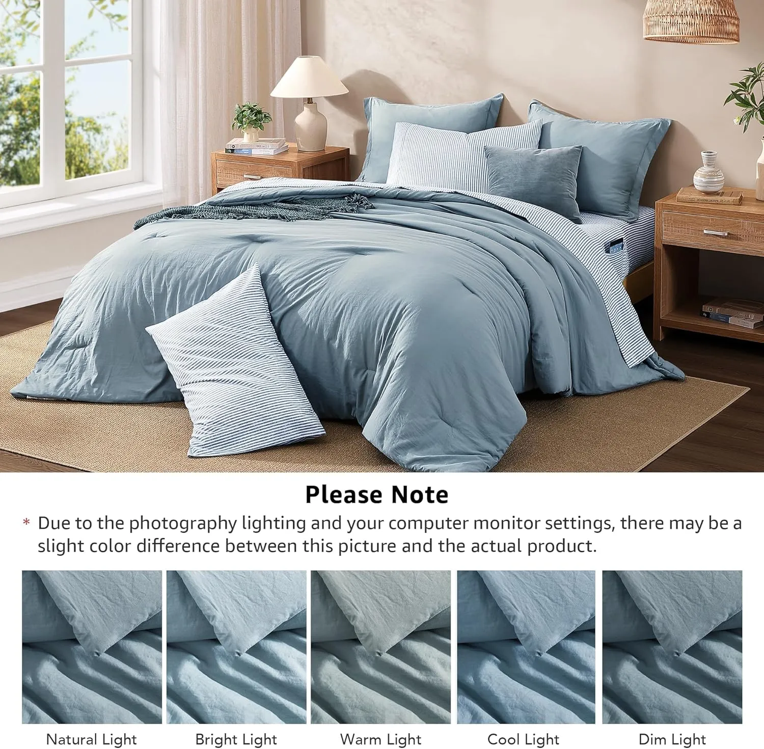 Monbix King Size Comforter Set - 7 Pieces Dusty Blue Prewashed Bed in a Bag King Bedding Sets with Comforters, All Seasons Down Alternative Comforter Bed Set with Sheets,Pillowcases & Shams