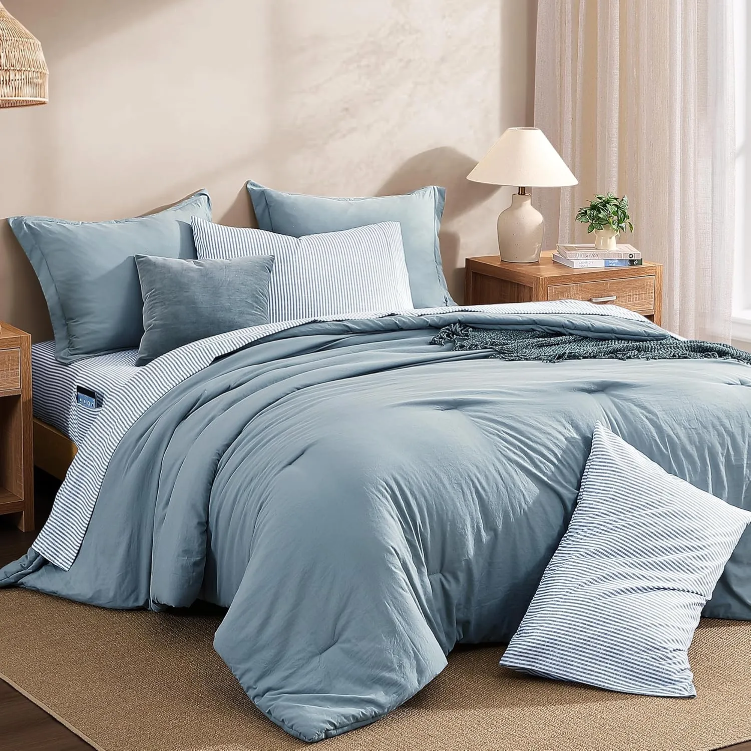 Monbix King Size Comforter Set - 7 Pieces Dusty Blue Prewashed Bed in a Bag King Bedding Sets with Comforters, All Seasons Down Alternative Comforter Bed Set with Sheets,Pillowcases & Shams