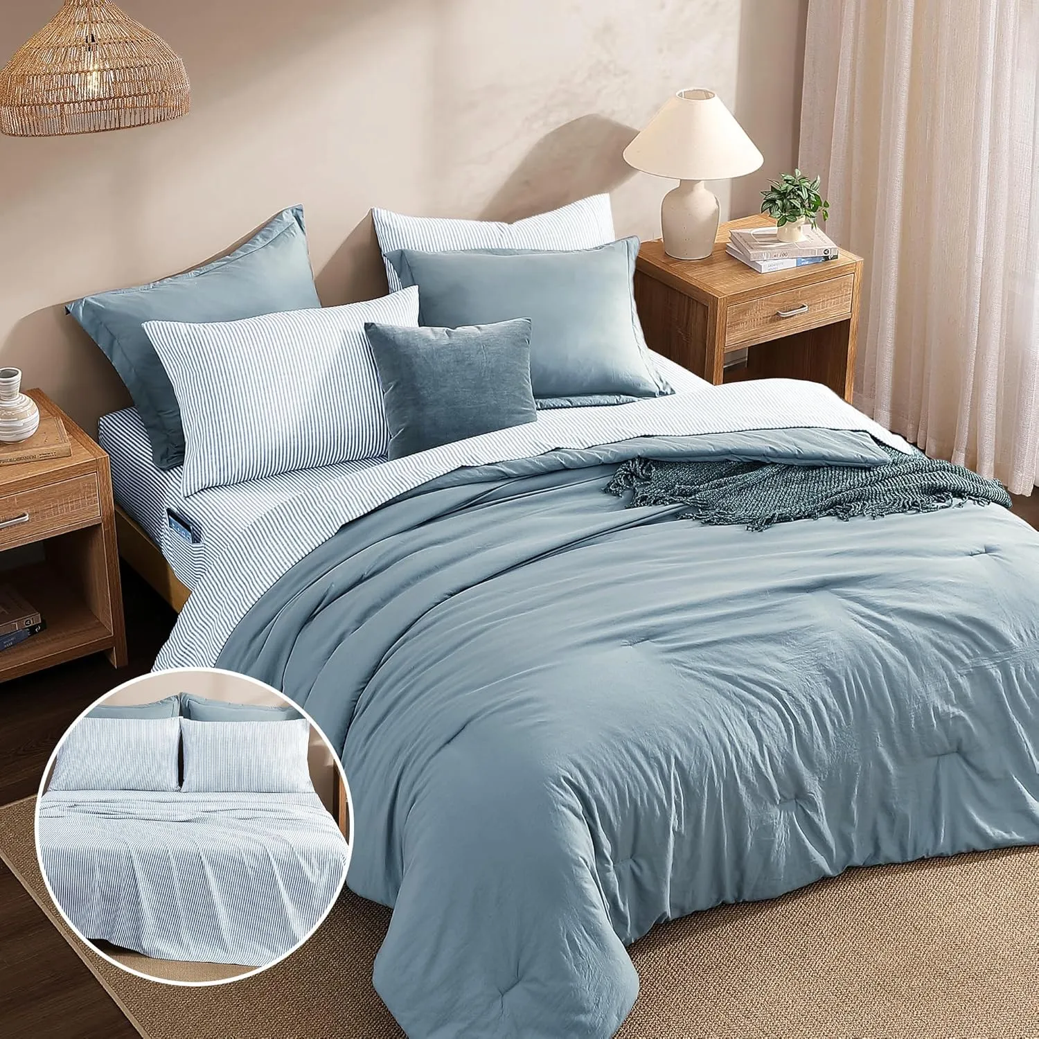 Monbix King Size Comforter Set - 7 Pieces Dusty Blue Prewashed Bed in a Bag King Bedding Sets with Comforters, All Seasons Down Alternative Comforter Bed Set with Sheets,Pillowcases & Shams