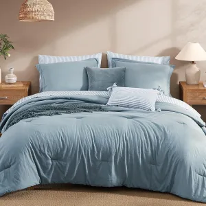 Monbix King Size Comforter Set - 7 Pieces Dusty Blue Prewashed Bed in a Bag King Bedding Sets with Comforters, All Seasons Down Alternative Comforter Bed Set with Sheets,Pillowcases & Shams