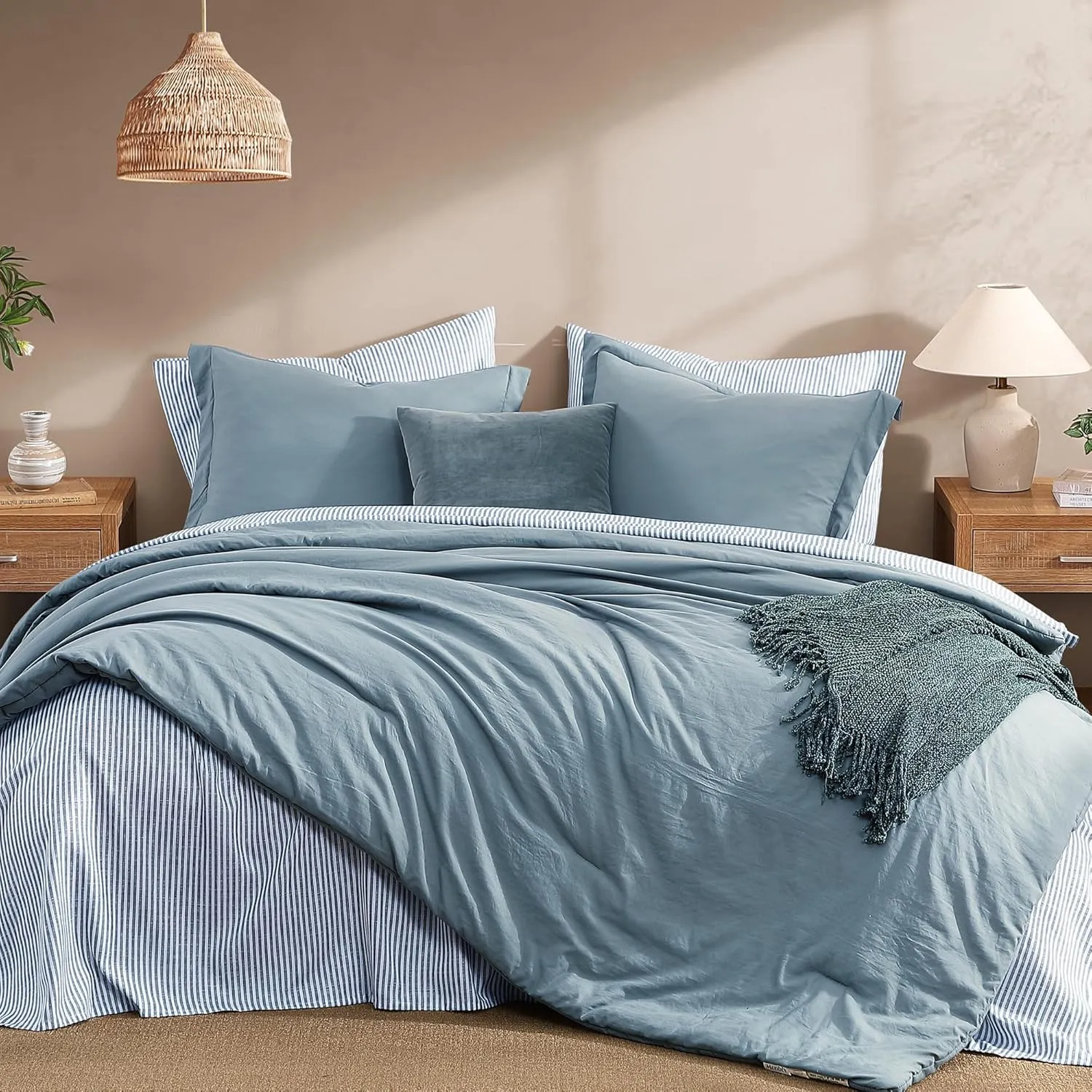 Monbix King Size Comforter Set - 7 Pieces Dusty Blue Prewashed Bed in a Bag King Bedding Sets with Comforters, All Seasons Down Alternative Comforter Bed Set with Sheets,Pillowcases & Shams