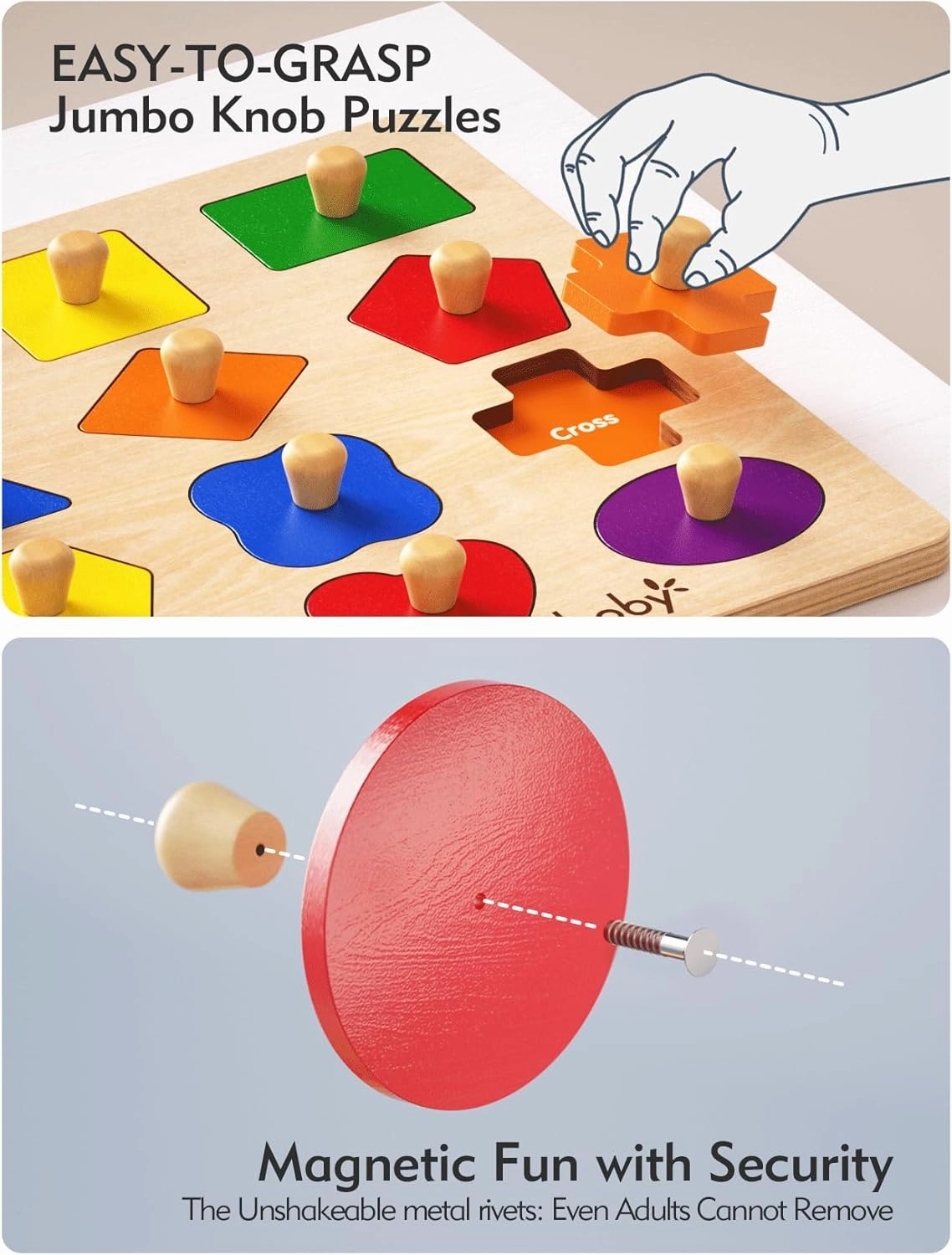 Montessori Puzzles for Babies 8-12-18-24 Months, Wooden Jumbo Knob Peg Puzzle Shape Sorter for Toddlers 1-3 Year Old, Early Learning Sensorial Toys (Montessori Shapes Puzzle(16 Pieces))