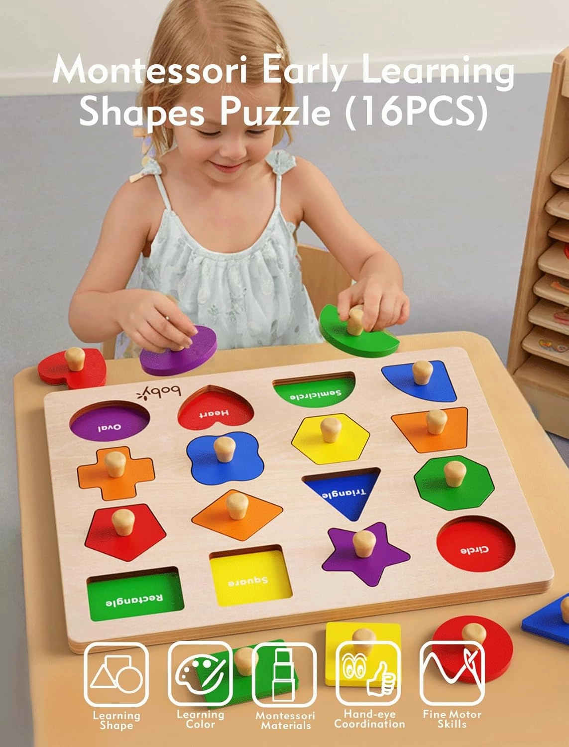Montessori Puzzles for Babies 8-12-18-24 Months, Wooden Jumbo Knob Peg Puzzle Shape Sorter for Toddlers 1-3 Year Old, Early Learning Sensorial Toys (Montessori Shapes Puzzle(16 Pieces))