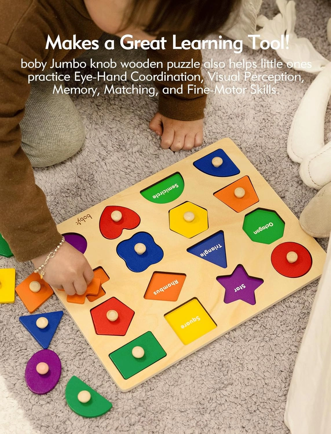 Montessori Puzzles for Babies 8-12-18-24 Months, Wooden Jumbo Knob Peg Puzzle Shape Sorter for Toddlers 1-3 Year Old, Early Learning Sensorial Toys (Montessori Shapes Puzzle(16 Pieces))