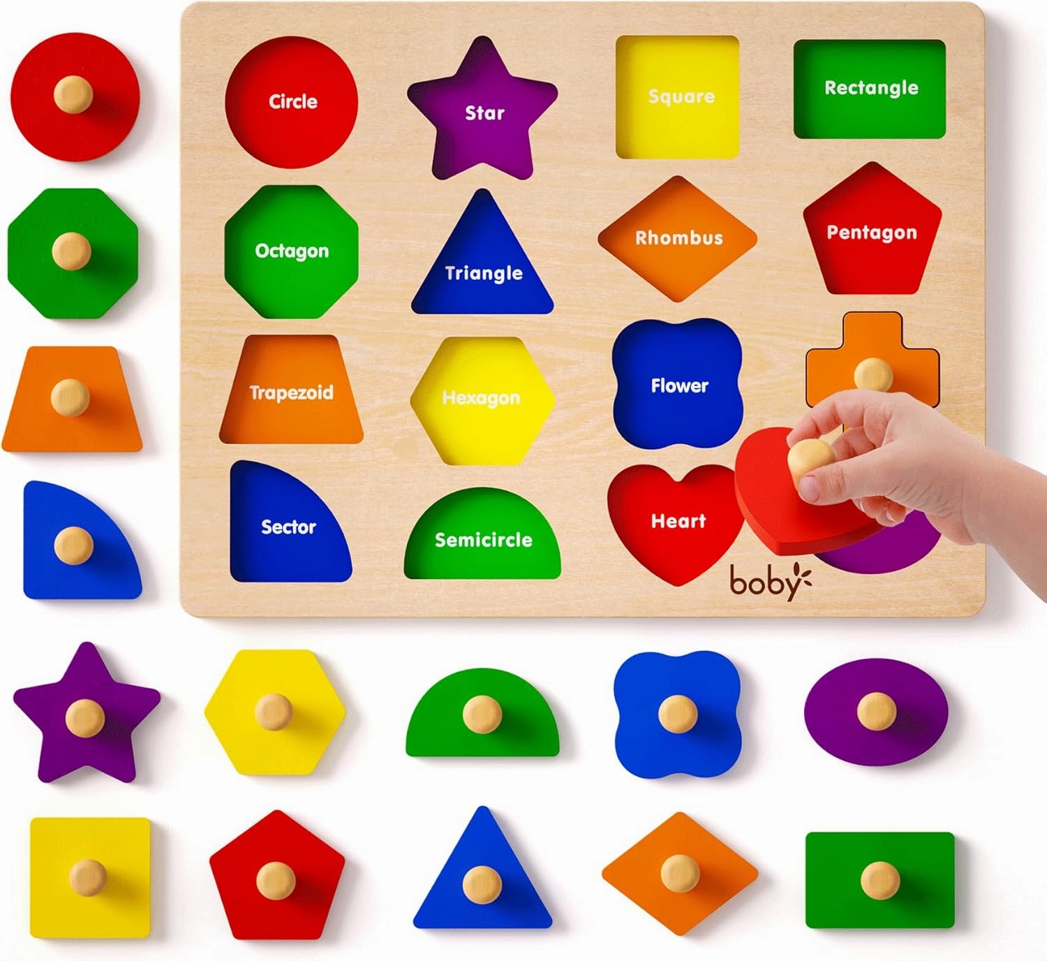 Montessori Puzzles for Babies 8-12-18-24 Months, Wooden Jumbo Knob Peg Puzzle Shape Sorter for Toddlers 1-3 Year Old, Early Learning Sensorial Toys (Montessori Shapes Puzzle(16 Pieces))