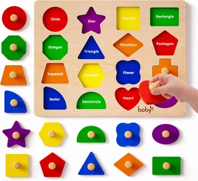 Montessori Puzzles for Babies 8-12-18-24 Months, Wooden Jumbo Knob Peg Puzzle Shape Sorter for Toddlers 1-3 Year Old, Early Learning Sensorial Toys (Montessori Shapes Puzzle(16 Pieces))