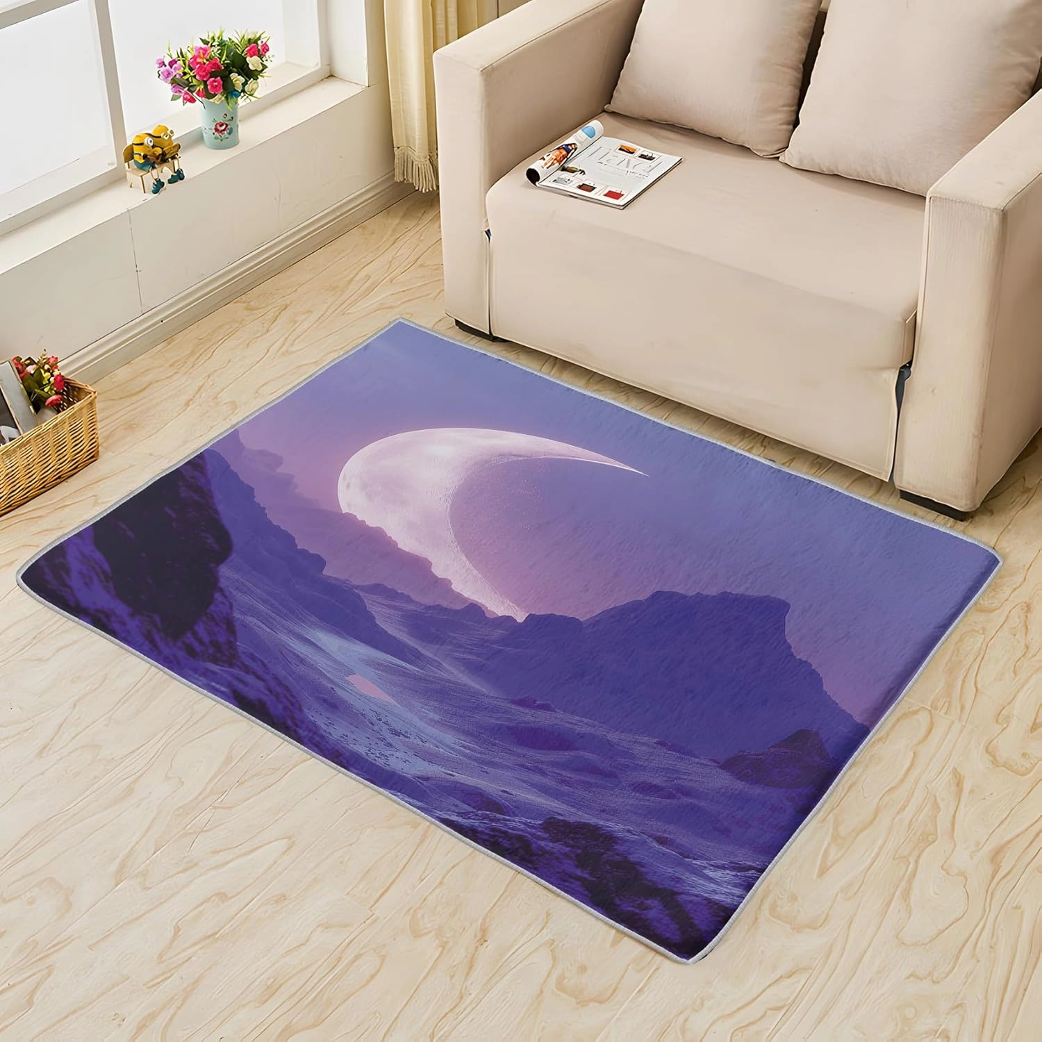 Moon Rug for Bedroom 5x6 Rug Mountain Area Rugs for Living Room, Fantasy Celestial Carpet, Indoor Rug, Soft Non Slip Low Pile, Machine Washable