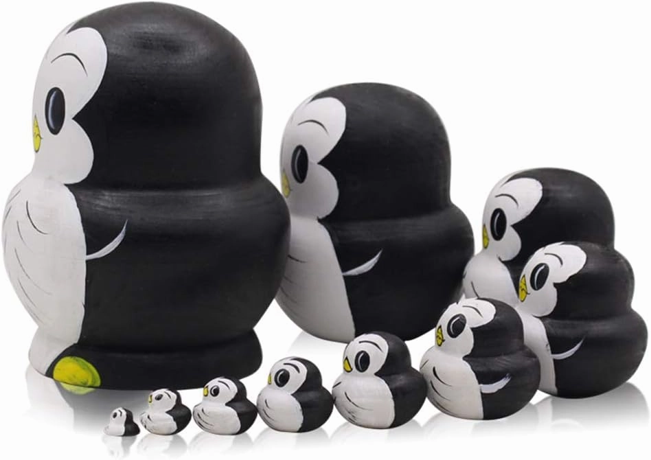 Moonmo 10pcs Animal Pattern Wooden Nesting Toys Russian Nesting Dolls Matryoshka Stacking Dolls (Penguin)