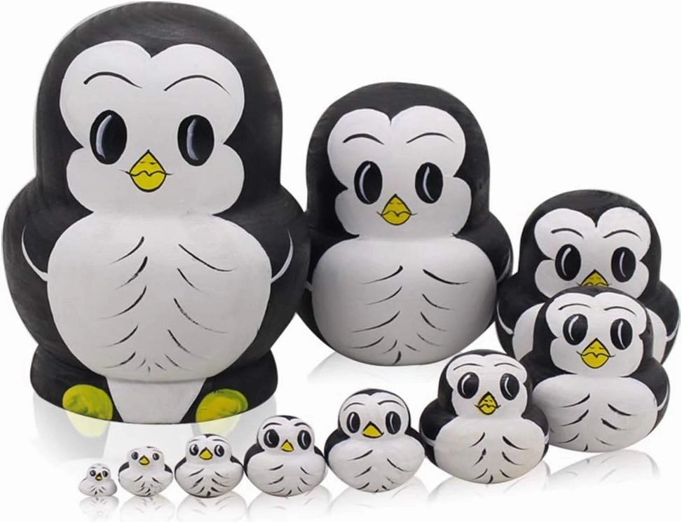 Moonmo 10pcs Animal Pattern Wooden Nesting Toys Russian Nesting Dolls Matryoshka Stacking Dolls (Penguin)