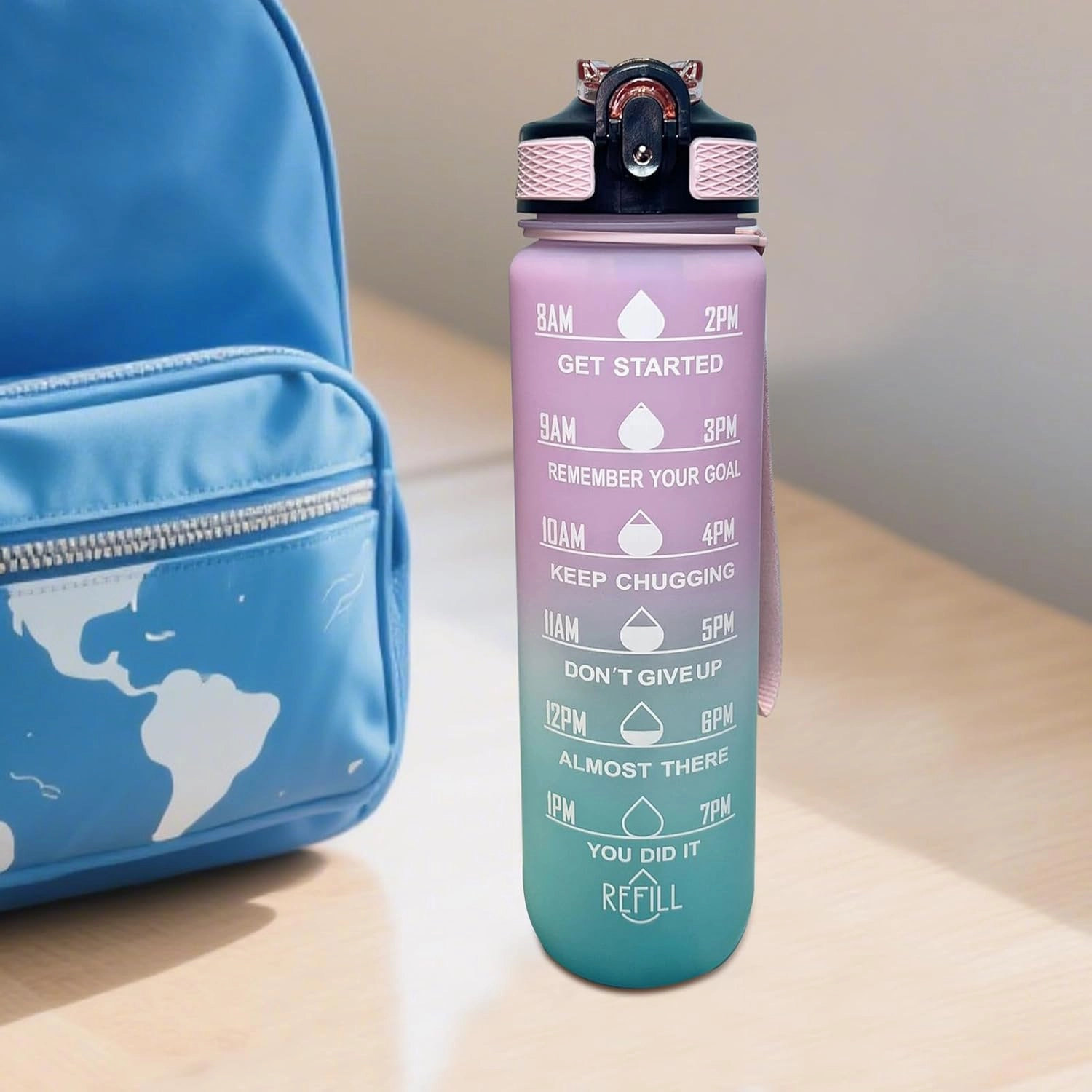 Motivational Water Bottle,1L Hydration Bottle with Carrying Strap | Leakproof Drinking Container for Kids School Fitness Gym Yoga Travel Outdoor Sports