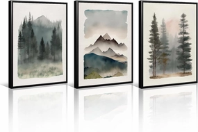 Mountain Forest Wall Art Decor Watercolor Landscape Canvas Pictures Natural Abstract Wall Art Painting Tree Forest Poster Prints Modern Artwork for Living Room Bedroom 12x16 Inch Framed Set of 3