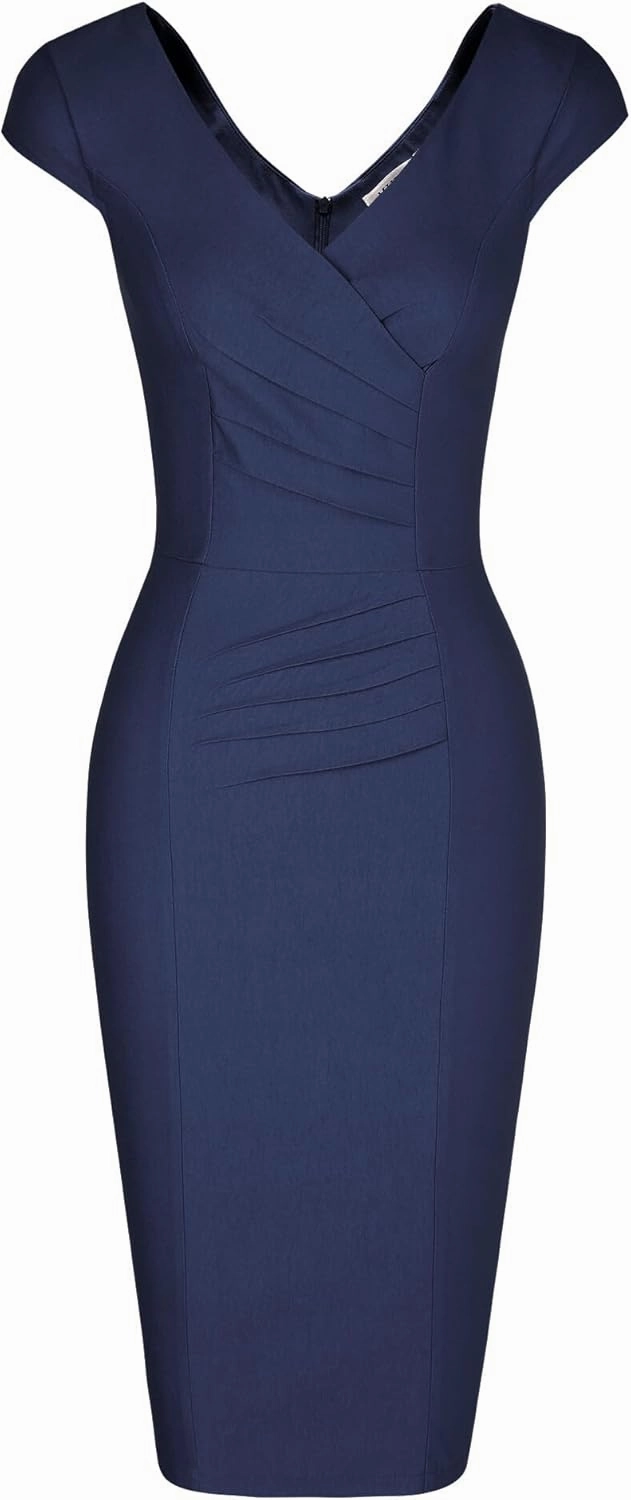 MUXXN Women's 1950's Vintage V Neck Ruched Sheath Formal Pencil Dress
