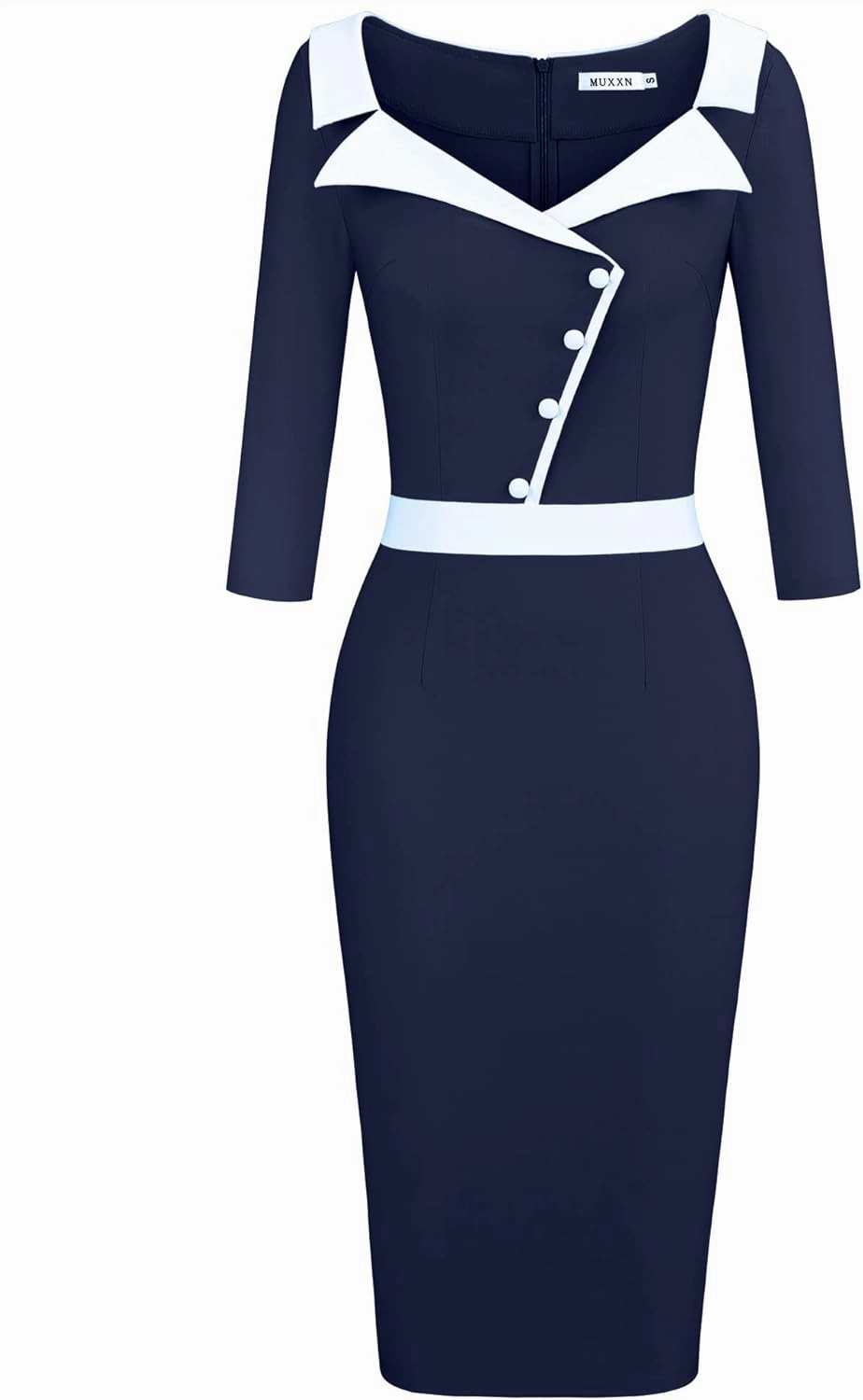 MUXXN Women's 1950s 3/4 Sleeve Pencil V Neck Midi Knee Length Bodycon Vintage Cocktail Dresses