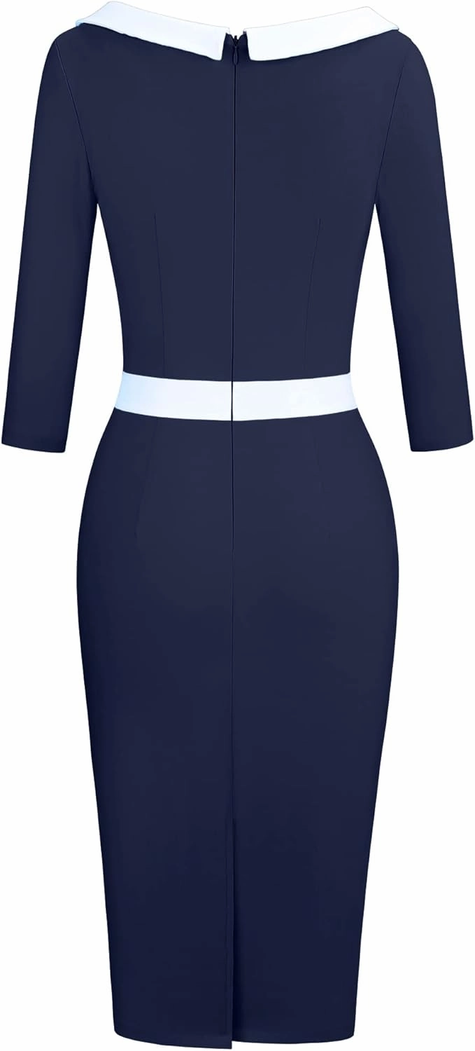 MUXXN Women's 1950s 3/4 Sleeve Pencil V Neck Midi Knee Length Bodycon Vintage Cocktail Dresses