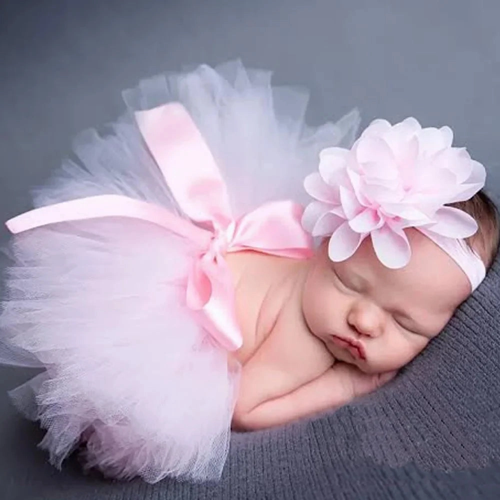 Newborn Baby Girls Tutu Skirt & Headband Set Newborn Photography Props Infant Fluffy Baby Tulle Skirt Set