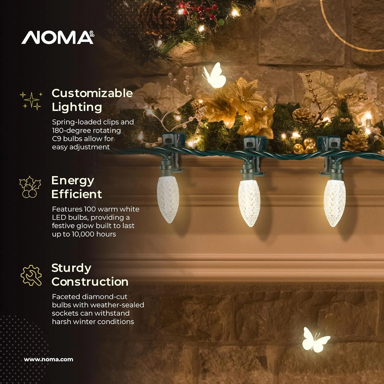 Noma Quick-Clip Customizable Holiday String Lights, 100 LED Bulbs, 66.8ft Long, Warm White