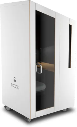 NOOK Solo, Quiet Meeting Pod, Acoustic Panels, Table, Individual Seat, Power Station, Door, Two Fans, Casters, 1-Year Warranty, (77” H x 40” W x 36” D) - White