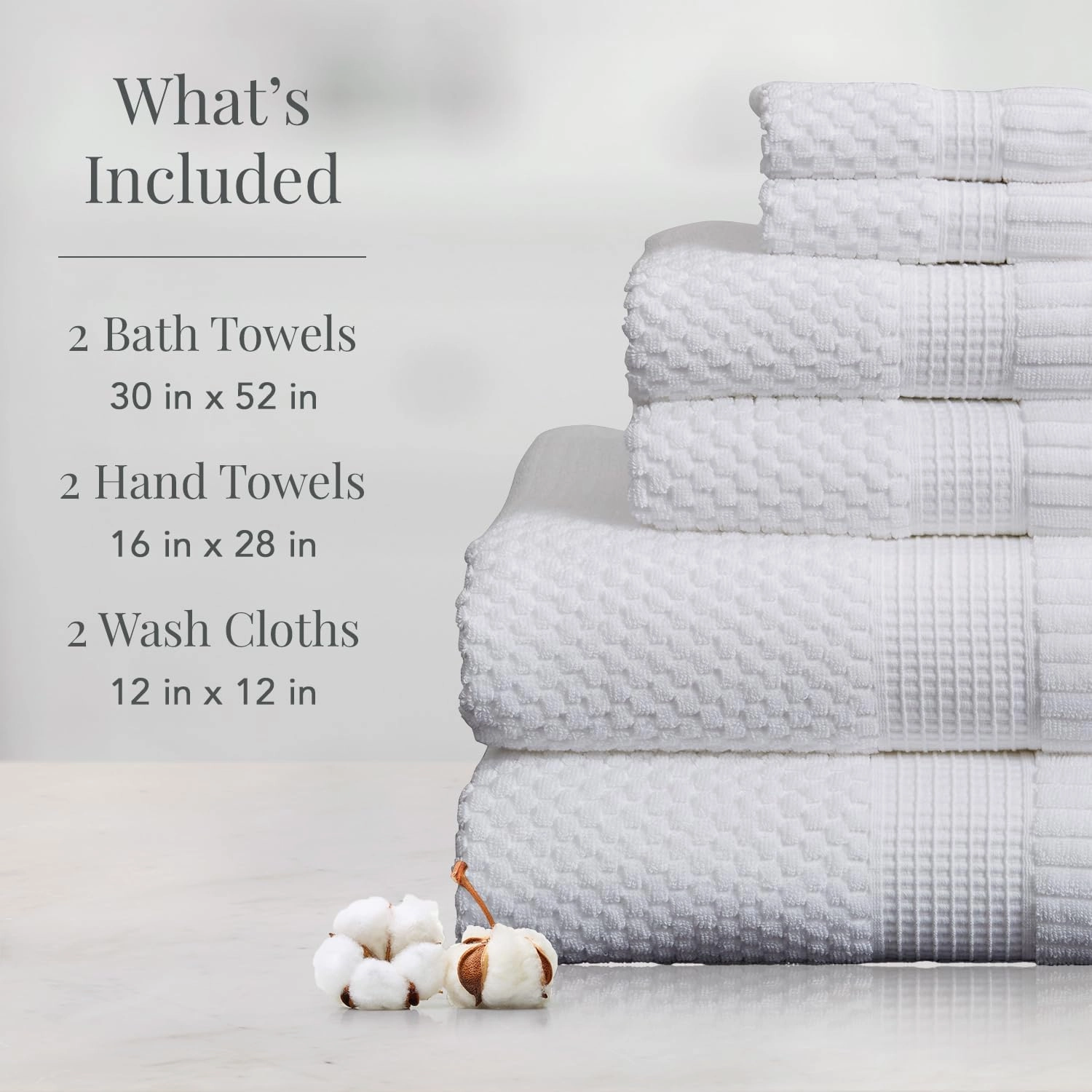 NY Loft 100% Cotton Bath Towel Set | 6 Piece Set - White Towels | Absorbent & Quick-Dry Bath Towels | Textured & Durable Cotton | Trinity Collection - Bright White