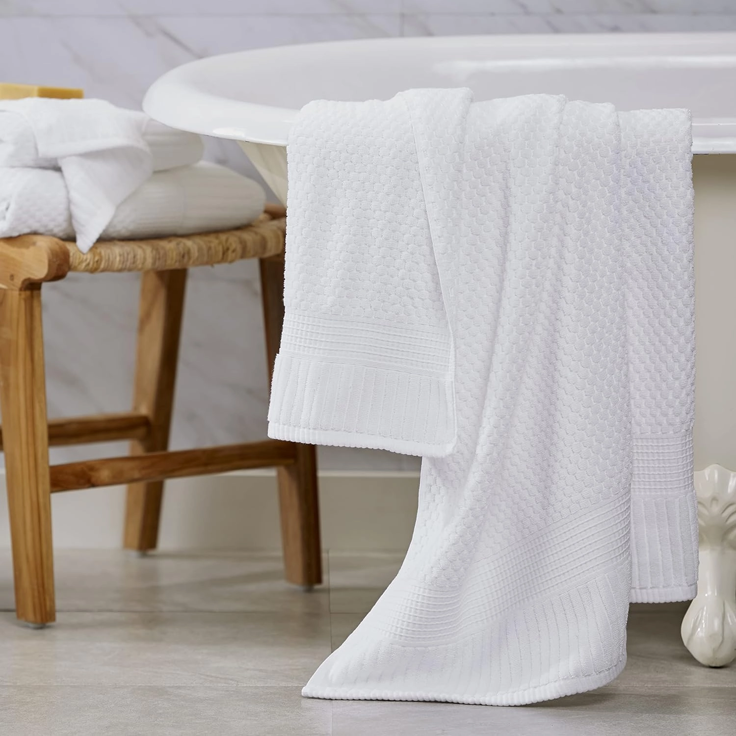 NY Loft 100% Cotton Bath Towel Set | 6 Piece Set - White Towels | Absorbent & Quick-Dry Bath Towels | Textured & Durable Cotton | Trinity Collection - Bright White