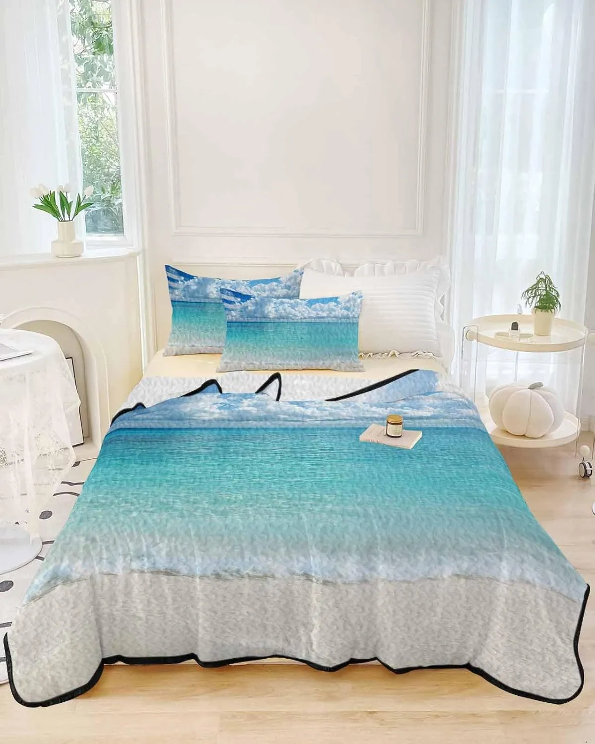 Ocean Blue Quilt Full Queen Bedding Set, Beach Nature Coast Sea Shore Sky Seawater Lightweight Summer Quilt with Pillow Shams 3 Pieces Microfiber Soft Quilt Set Bedspread Coverlet for All Seasons