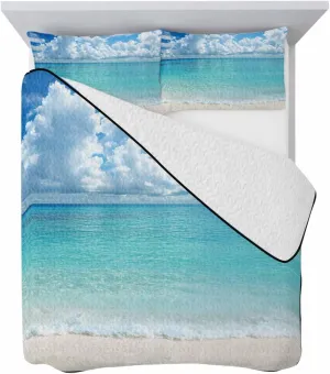 Ocean Blue Quilt Full Queen Bedding Set, Beach Nature Coast Sea Shore Sky Seawater Lightweight Summer Quilt with Pillow Shams 3 Pieces Microfiber Soft Quilt Set Bedspread Coverlet for All Seasons