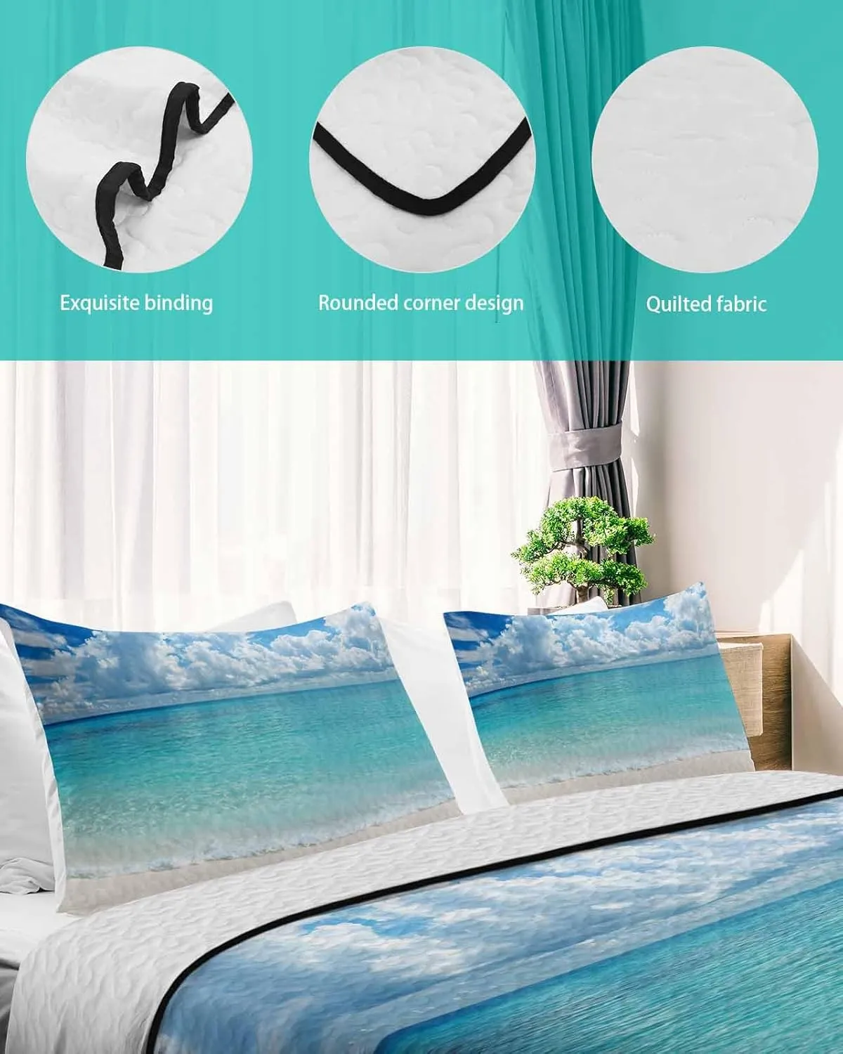 Ocean Blue Quilt Full Queen Bedding Set, Beach Nature Coast Sea Shore Sky Seawater Lightweight Summer Quilt with Pillow Shams 3 Pieces Microfiber Soft Quilt Set Bedspread Coverlet for All Seasons