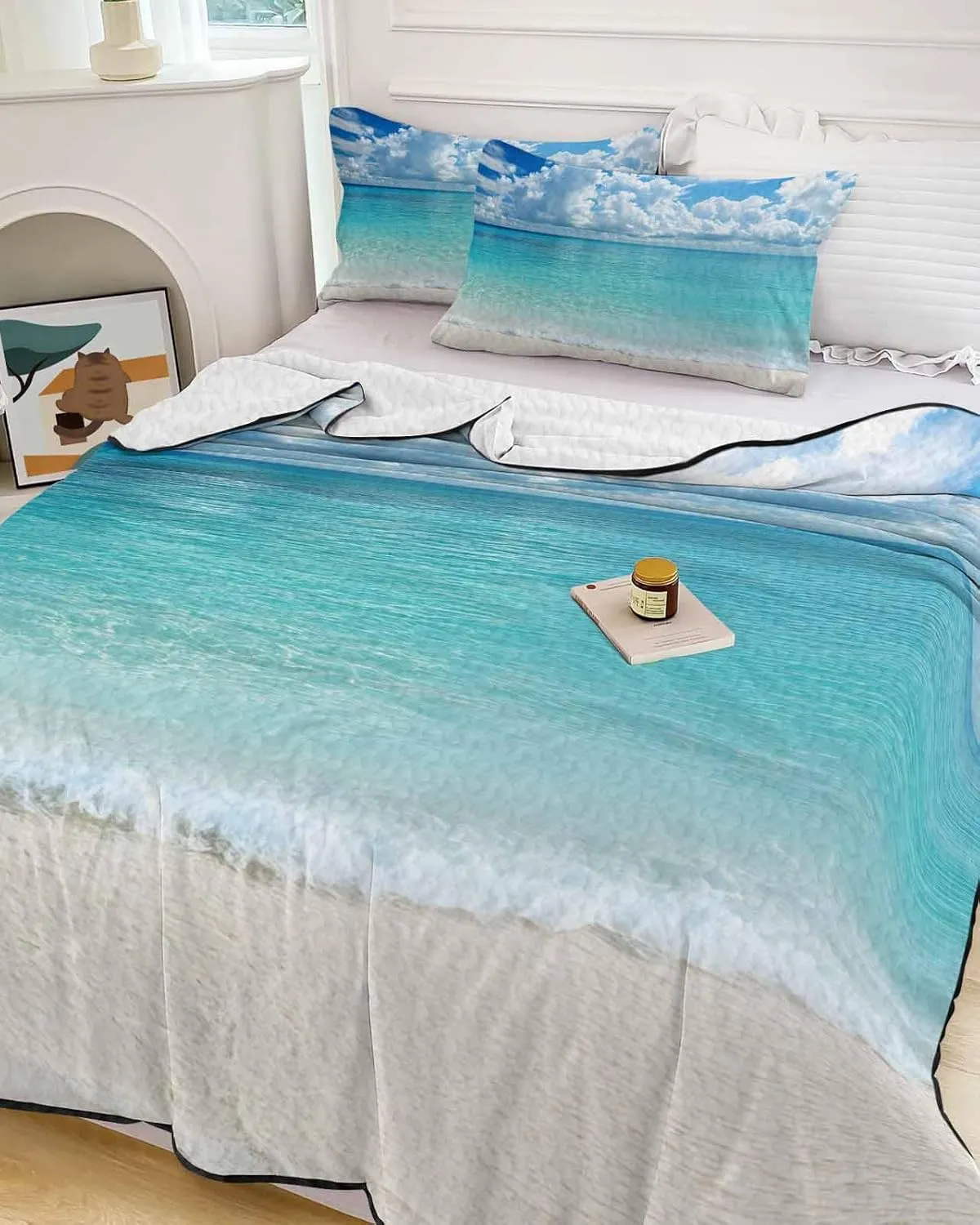 Ocean Blue Quilt Full Queen Bedding Set, Beach Nature Coast Sea Shore Sky Seawater Lightweight Summer Quilt with Pillow Shams 3 Pieces Microfiber Soft Quilt Set Bedspread Coverlet for All Seasons