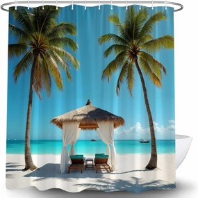 Ocean Beach Scenery Shower Curtain Tropical Palm Tree Leisure Hawaii Coastal Summer Sand Seaside Exotic Seascape Blue Nature Landscape Fabric Bathroom Curtain Set with Hook