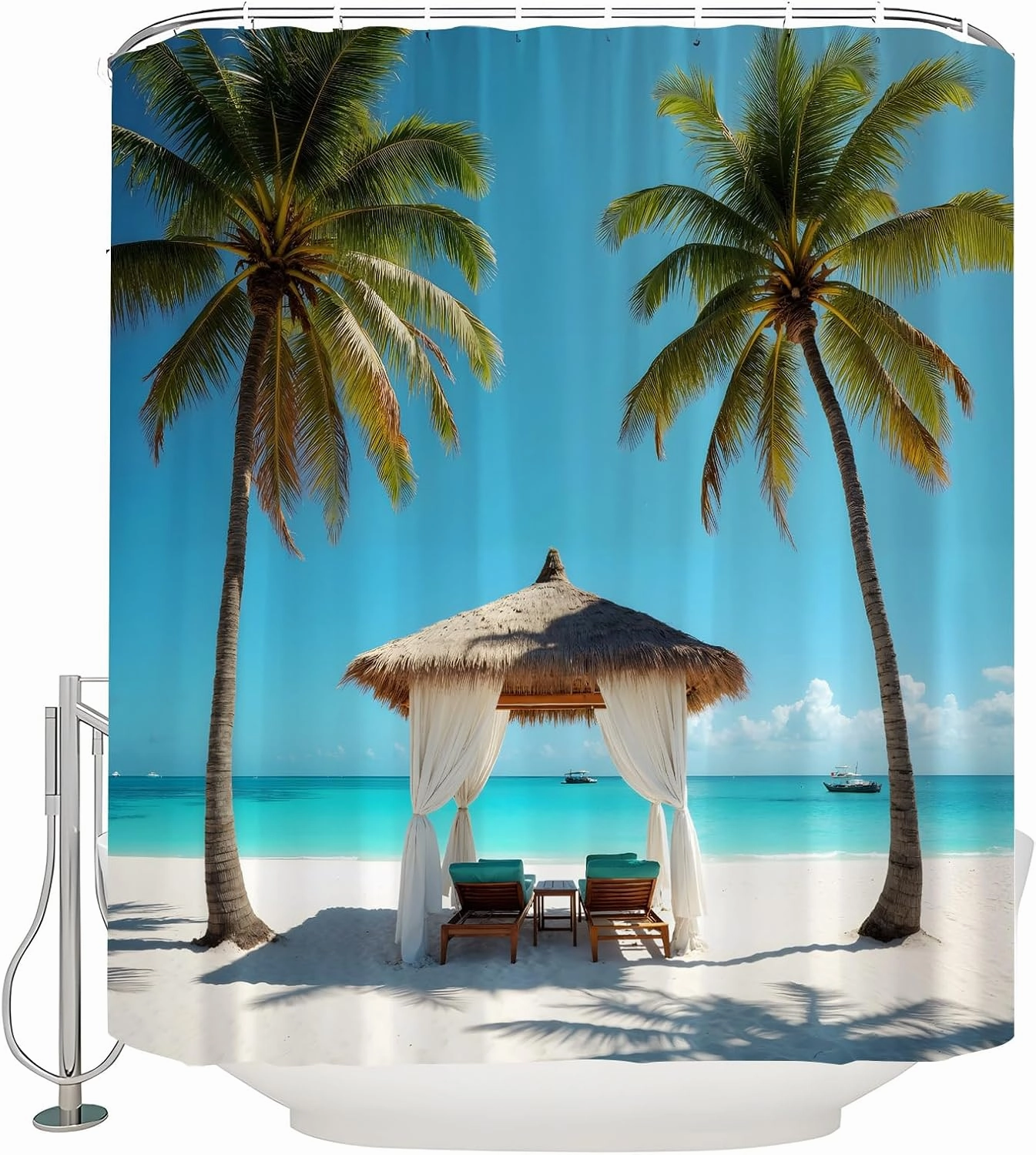 Ocean Beach Scenery Shower Curtain Tropical Palm Tree Leisure Hawaii Coastal Summer Sand Seaside Exotic Seascape Blue Nature Landscape Fabric Bathroom Curtain Set with Hook