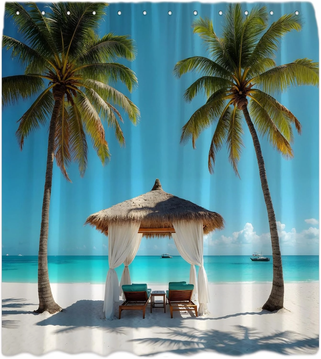 Ocean Beach Scenery Shower Curtain Tropical Palm Tree Leisure Hawaii Coastal Summer Sand Seaside Exotic Seascape Blue Nature Landscape Fabric Bathroom Curtain Set with Hook
