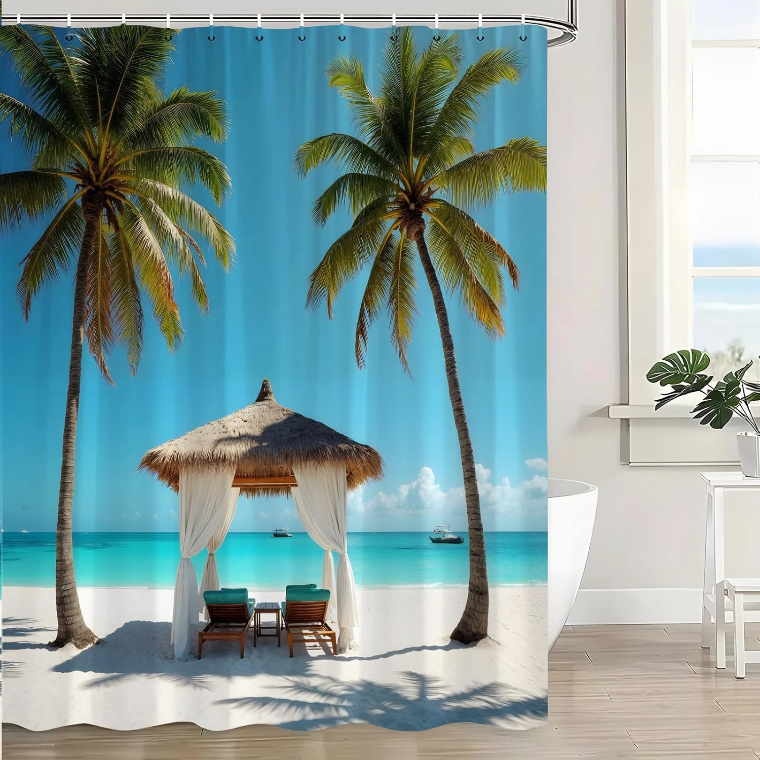 Ocean Beach Scenery Shower Curtain Tropical Palm Tree Leisure Hawaii Coastal Summer Sand Seaside Exotic Seascape Blue Nature Landscape Fabric Bathroom Curtain Set with Hook