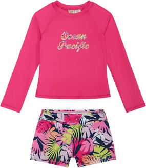 Ocean Pacific Girls' Two Piece Swim Shirt and Swim Shorts Bathing Suit Rashguard Set