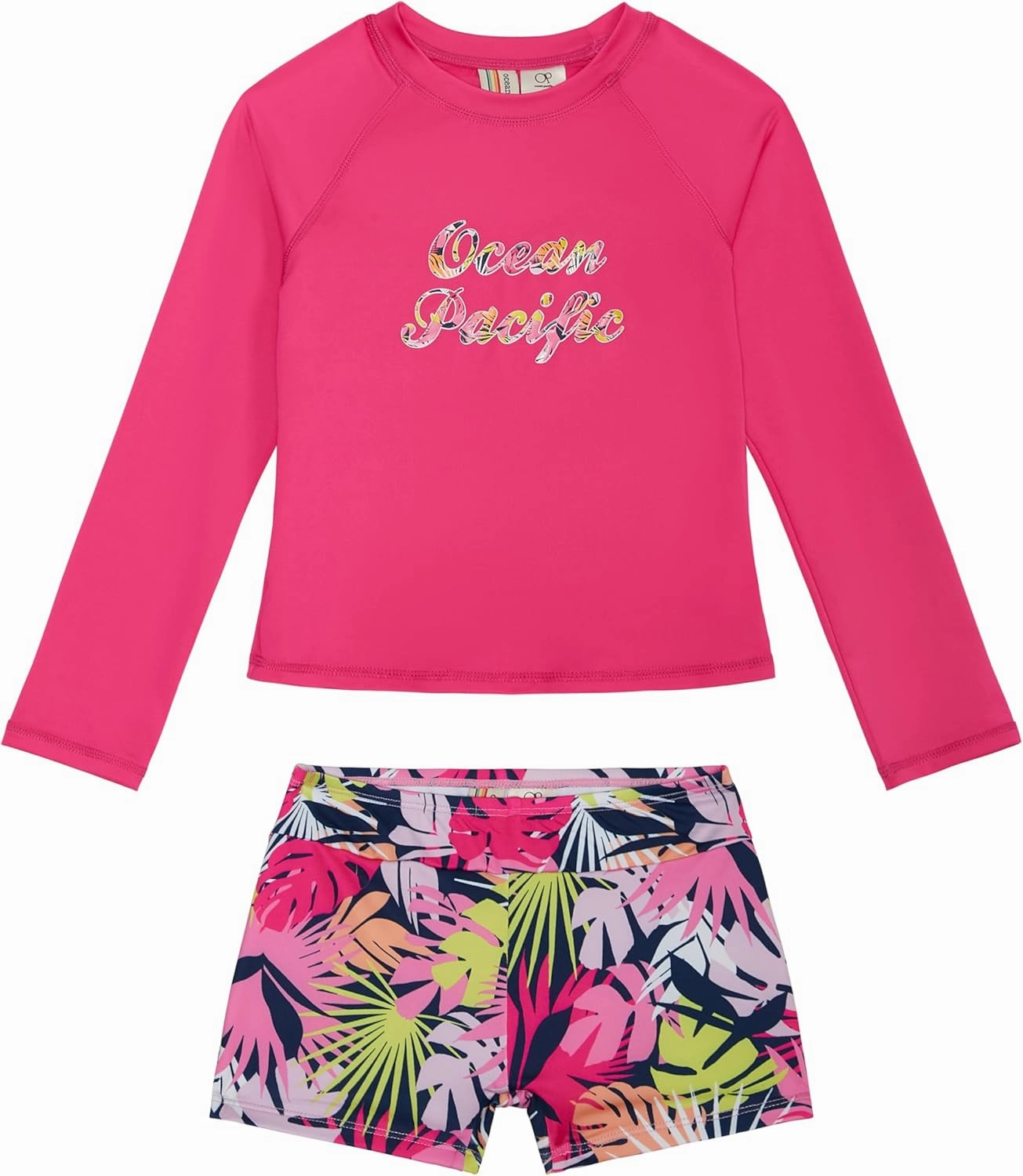 Ocean Pacific Girls' Two Piece Swim Shirt and Swim Shorts Bathing Suit Rashguard Set