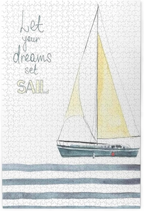 Ocean Theme,Puzzle Board,Portable Wooden Jigsaw Puzzle for Adults,Let Your Dreams Set Sail,Birthday Gift for Family and Friends,Blue Plastic Box Storage 1000PCS