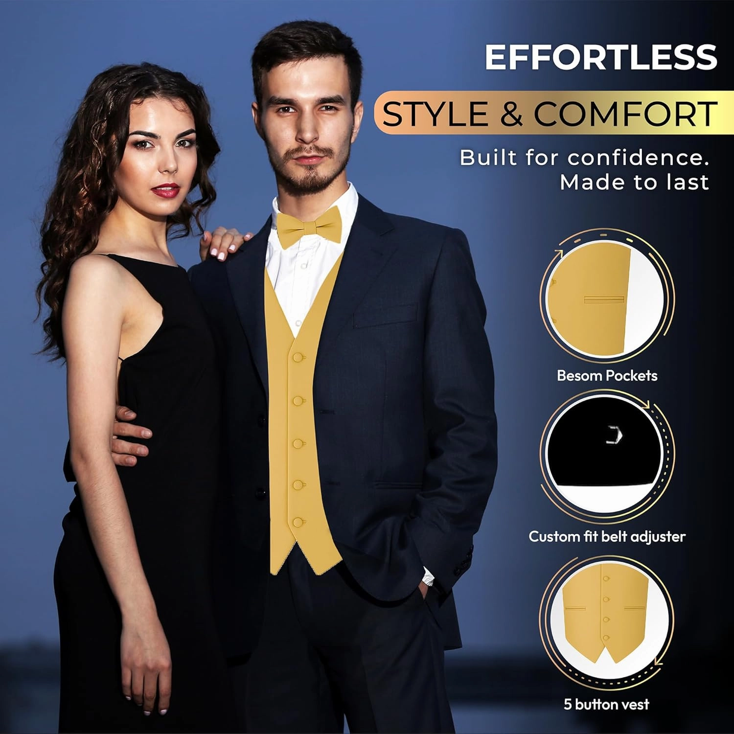 Oliver George 4pc Men's Solid Formal Waistcoat Tuxedo Dress Vest Necktie BowTie Handkerchief Set For Suit or Tuxedo