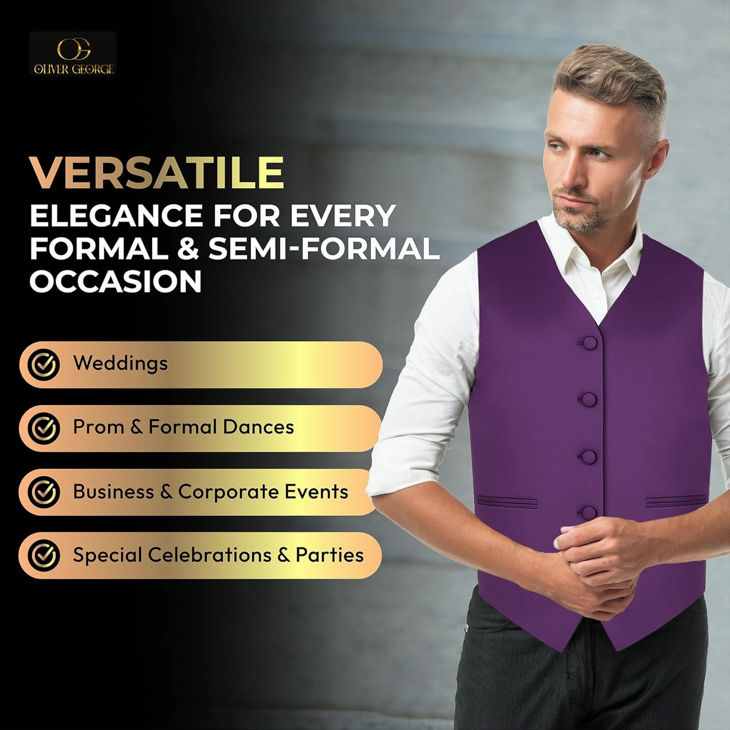 Oliver George 4pc Men's Solid Formal Waistcoat Tuxedo Dress Vest Necktie BowTie Handkerchief Set For Suit or Tuxedo